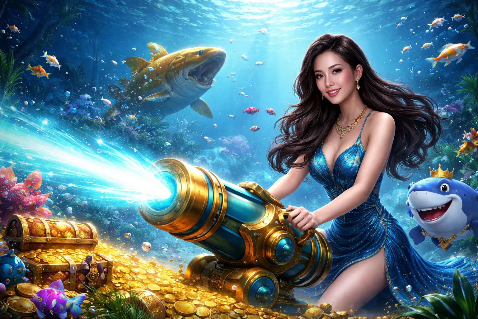 Hình ảnh chính game bắn cá GA65 Nổ Hũ với đồ họa 3D sống động, cá vàng và tiền vàng, màu xanh và vàng